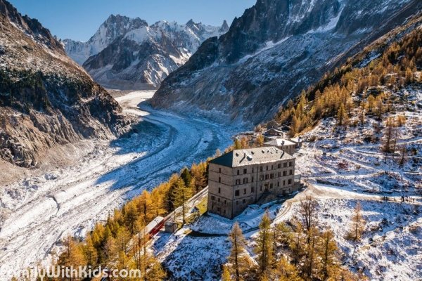 The Ice Cave, the Glaciorium Museum and Restaurant Grand Hotel du Montenvers at Mer de Glace, in Chamonix, France 