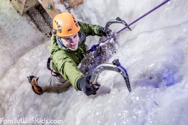 Vertical Chill, ice climbing, an ice wall at the Ellis Brigham Mountain Sports shop in London, UK
